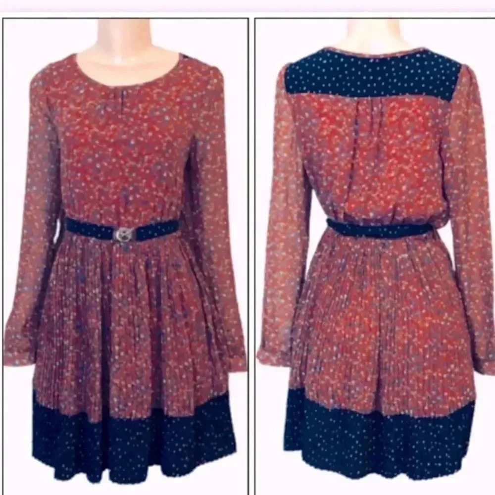 - pleated FLORAL MIDI DRESS LONG SLEEVE‎ BURGUNDY AND NAVY BLUE SIZE L